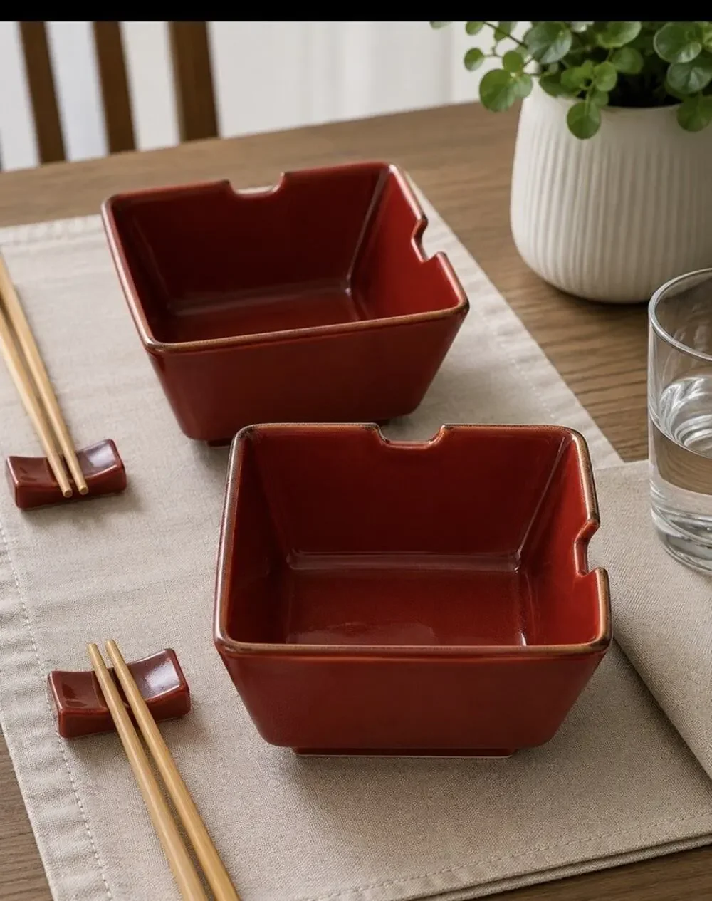 Pottery Barn Square Ramen Rice Noodle Bowl 6” Notch For Chopsticks Burgundy Wine